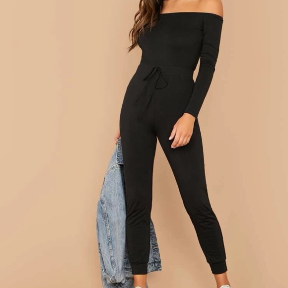 shein Cold Shoulder Drawstring Waist Form Fitted Jumpsuit